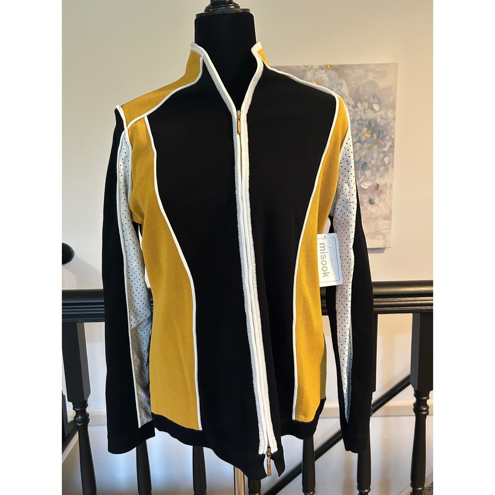 Misook Knit Jacket Womens Medium Colorblock Zip Front Perforated Black Yellow